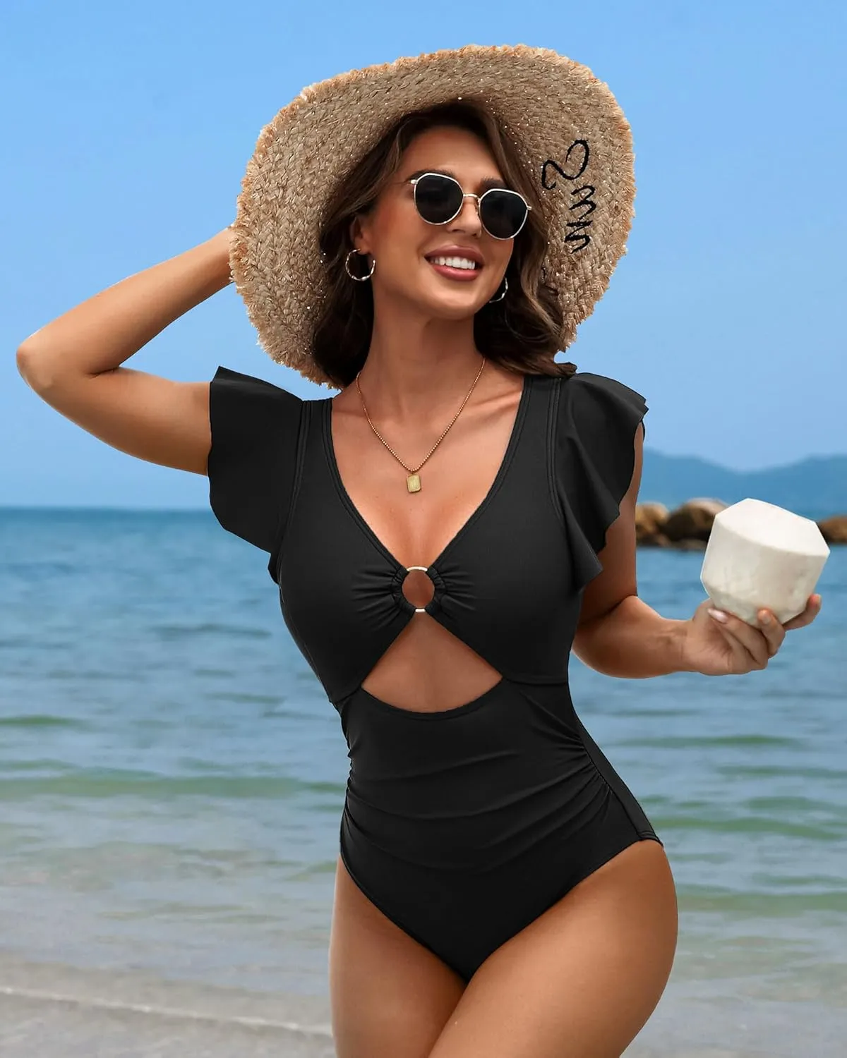 SOCIALA Swim Suits for Women Ruffle One Piece Tummy Control O-Ring Cutout Bathing Suit Full Coverage Swimwear