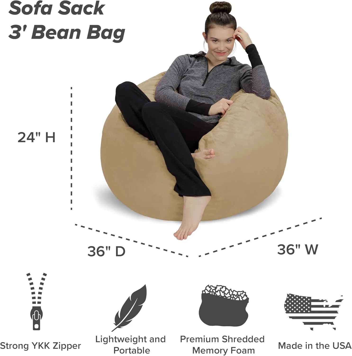 Sofa Sack Bean Bag Chair - Plush, Ultra Soft - Memory Foam Bean Bag Chair with Microsuede Cover - Stuffed Foam Filled Furniture and Accessories for Dorm Room 3 Feet - Camel