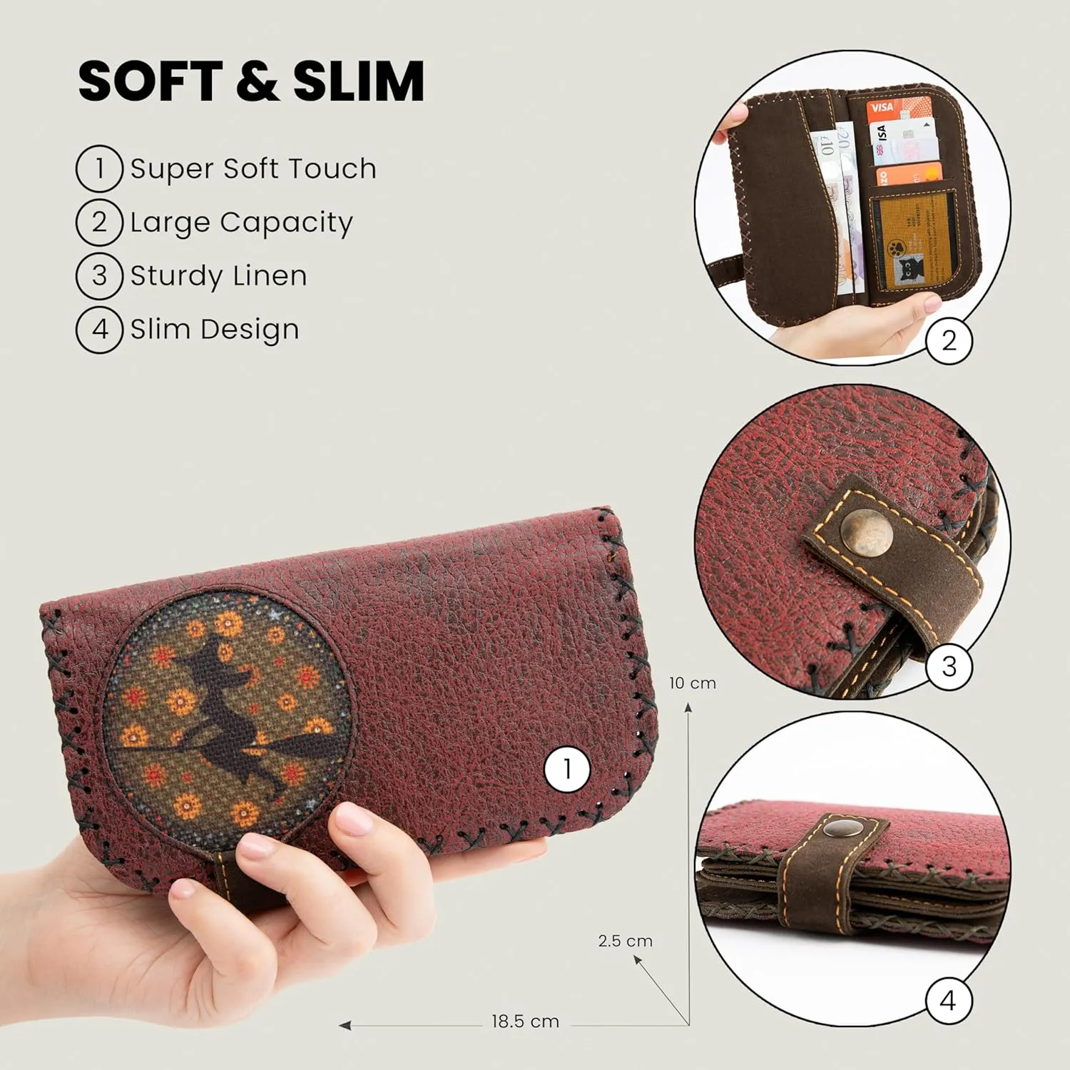 Soft Leather Purse for Women, Trifold Design, 12 Credit Card Holder, Coin Zipper Pocket, 2 ID Windows, Slim Travel Wallet – A Thoughtful Gift for Her., Burgundy | Flying Witch, L, Casual,