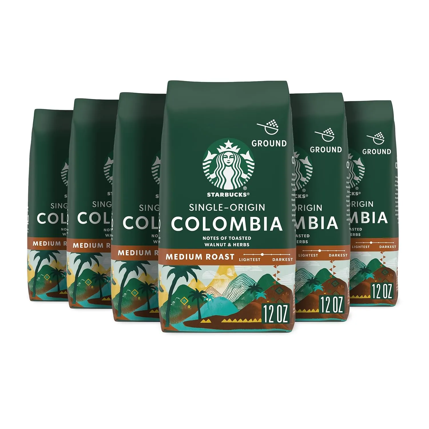 Starbucks Ground Coffee, Medium Roast Coffee, Colombia, 100% Arabica, 6 bags (12 oz each)