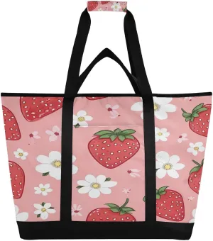 Strawberries Flowers Reusable Insulated Lunchbox Cooler Bag, Leakproof Kitchen Grocery Bag Collapsible Portable Cooler Tote Bag for Picnic, Camping, Office, Travel