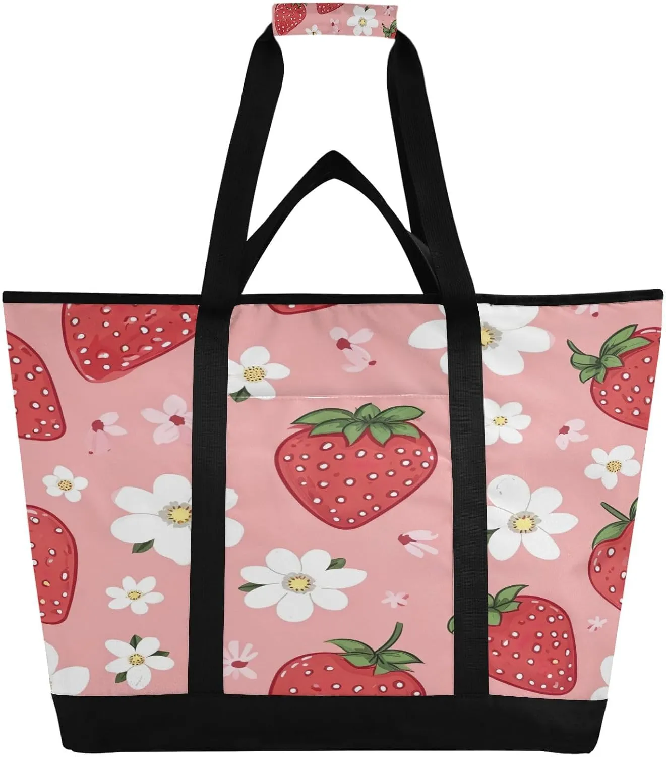 Strawberries Flowers Reusable Insulated Lunchbox Cooler Bag, Leakproof Kitchen Grocery Bag Collapsible Portable Cooler Tote Bag for Picnic, Camping, Office, Travel