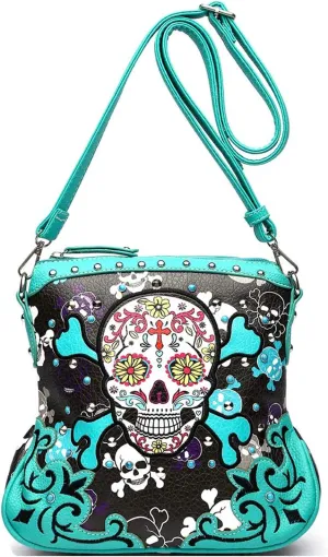 Sugar Skull Day of the Dead Cross Bone Rock Metallic Purse Skeleton Leather Purse Women Crossbody Handbag Shoulder Bag
