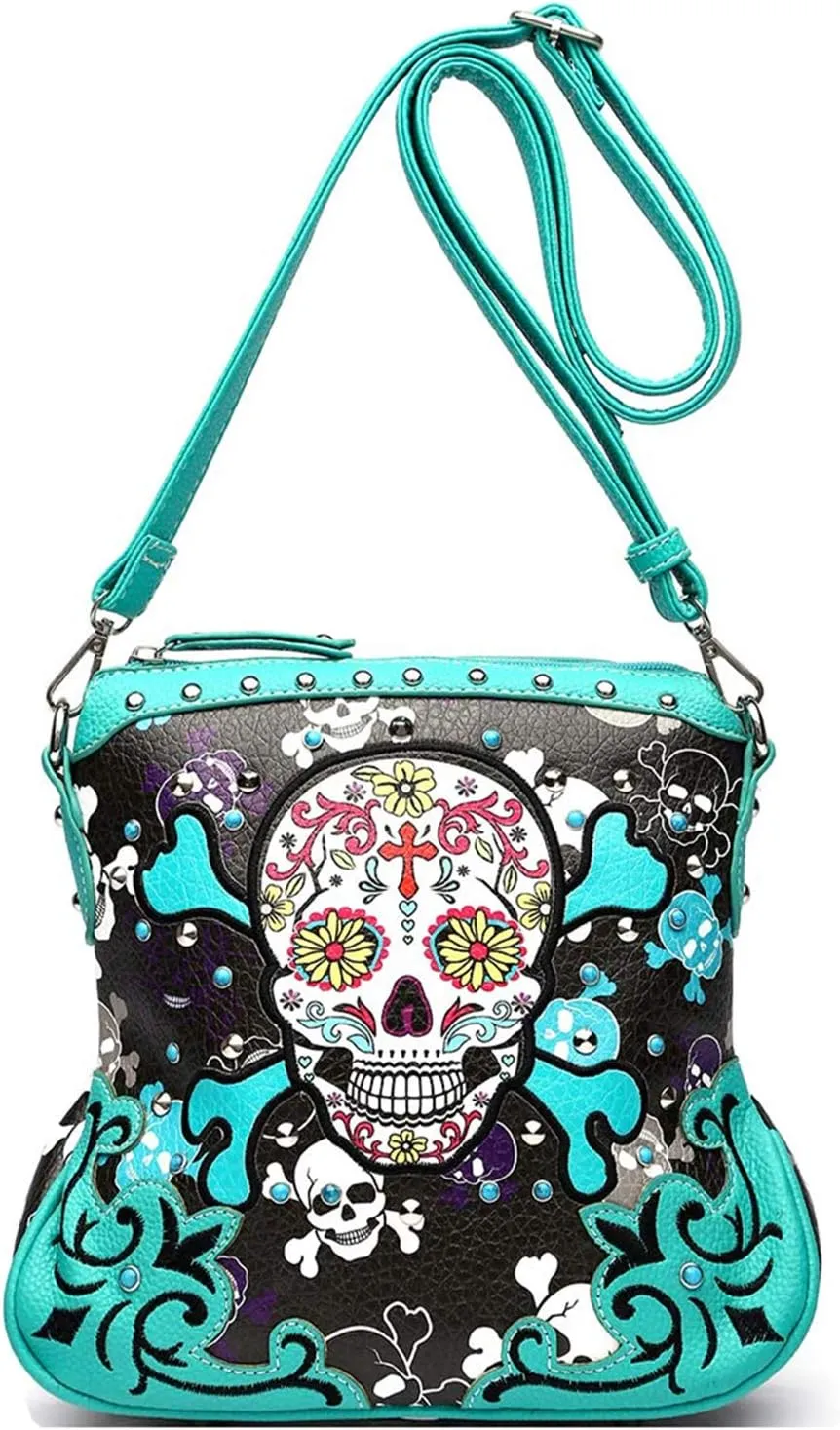 Sugar Skull Day of the Dead Cross Bone Rock Metallic Purse Skeleton Leather Purse Women Crossbody Handbag Shoulder Bag