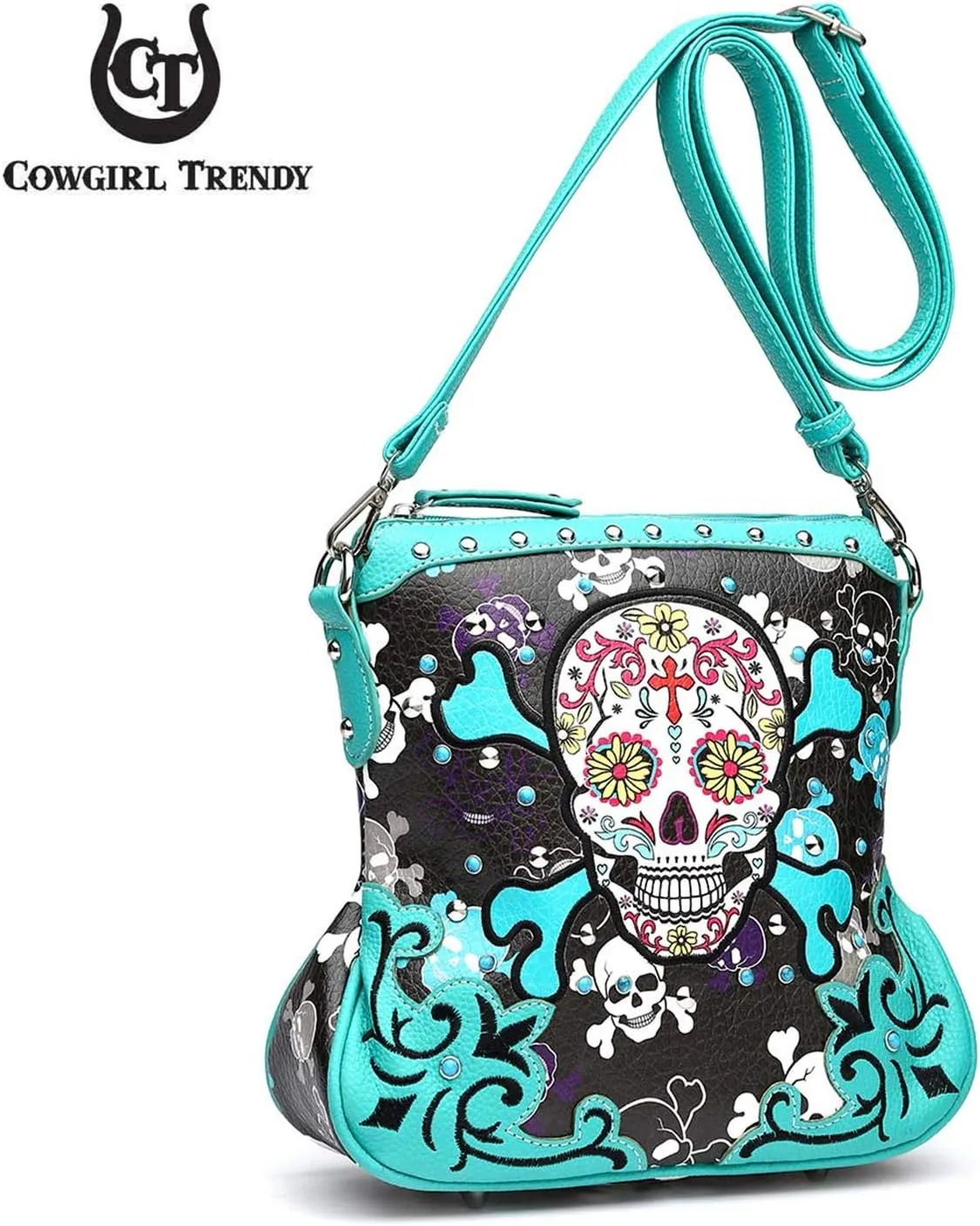 Sugar Skull Day of the Dead Cross Bone Rock Metallic Purse Skeleton Leather Purse Women Crossbody Handbag Shoulder Bag