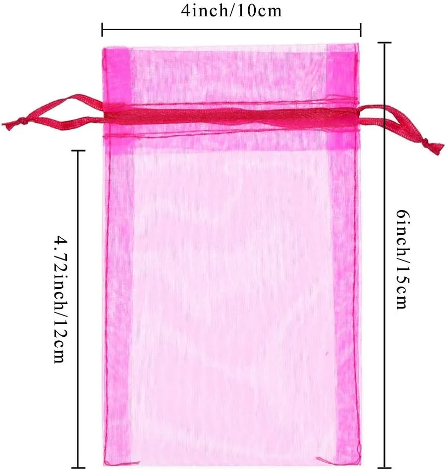 SumDirect 100Pcs 4x6 Inches Sheer Drawstring Organza Jewelry Pouches Wedding Party Christmas Favor Gift Bags (Hot Pink)
