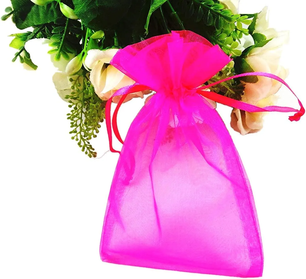 SumDirect 100Pcs 4x6 Inches Sheer Drawstring Organza Jewelry Pouches Wedding Party Christmas Favor Gift Bags (Hot Pink)