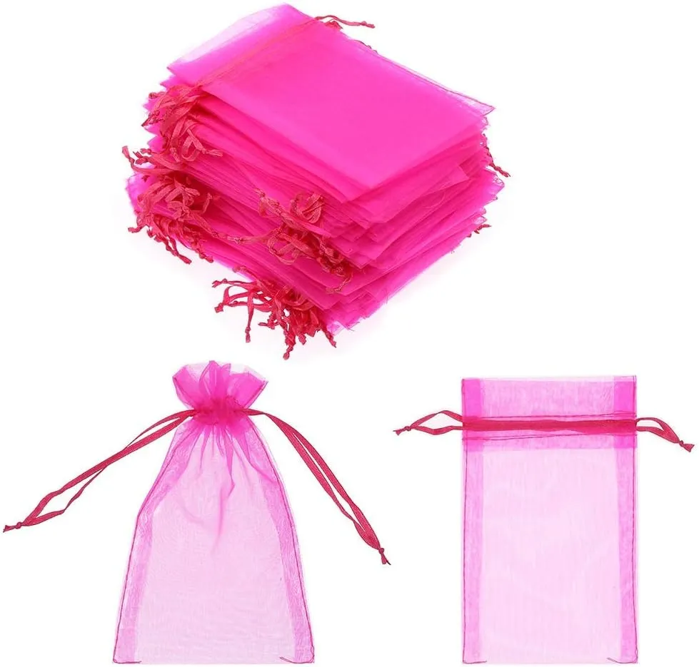 SumDirect 100Pcs 4x6 Inches Sheer Drawstring Organza Jewelry Pouches Wedding Party Christmas Favor Gift Bags (Hot Pink)