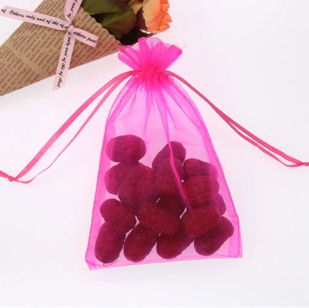SumDirect 100Pcs 4x6 Inches Sheer Drawstring Organza Jewelry Pouches Wedding Party Christmas Favor Gift Bags (Hot Pink)