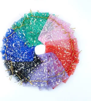SumDirect Small Sheer Organza Bags - 120Pcs 4×5 Inch Mixed Color Moon Stars Wedding Party Favor Bags with Drawstring, Jewelry Gift Mesh Bags for Valentines Day