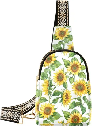 Sunflower Compact Fashion Daypack Full-Print PU Leather Crossbody Bag with Card Pocket & Adjustable Strap for Women on the Go Festivals Travel & Hikes