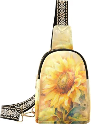 Sunflower Compact Fashion Daypack Full-Print PU Leather Crossbody Bag with Card Pocket & Adjustable Strap for Women on the Go Festivals Travel & Hikes