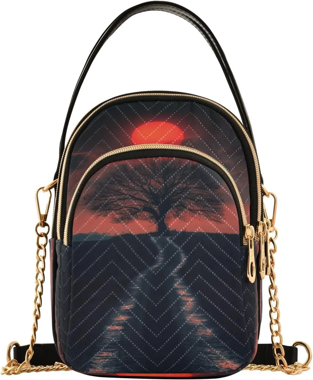 Sunset Path with Tree Women Trendy Quilted Crossbody Bag Sling Bags Handbags with Chain Strap Travel Cross Body Cell Phone Purses Bags