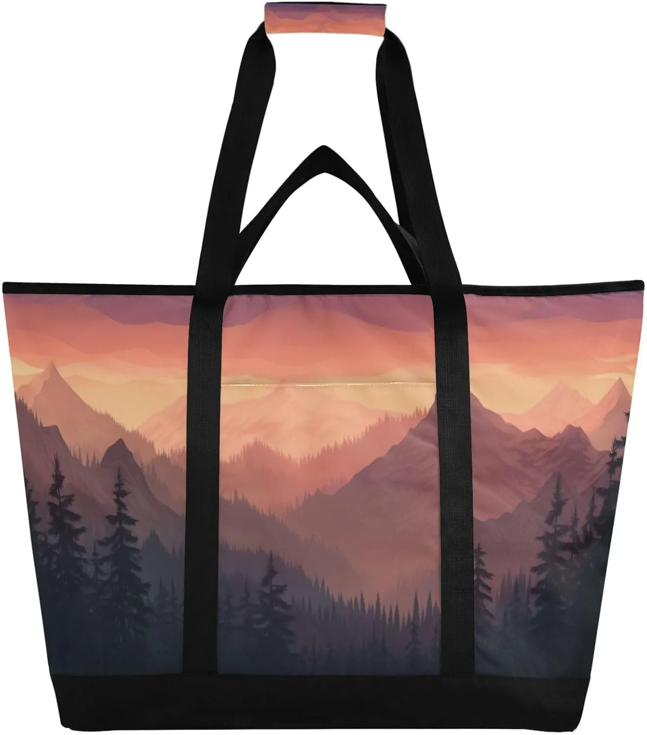 Sunset with Mountains Reusable Insulated Lunchbox Cooler Bag, Leakproof Kitchen Grocery Bag Collapsible Portable Cooler Tote Bag for Picnic, Camping, Office, Travel