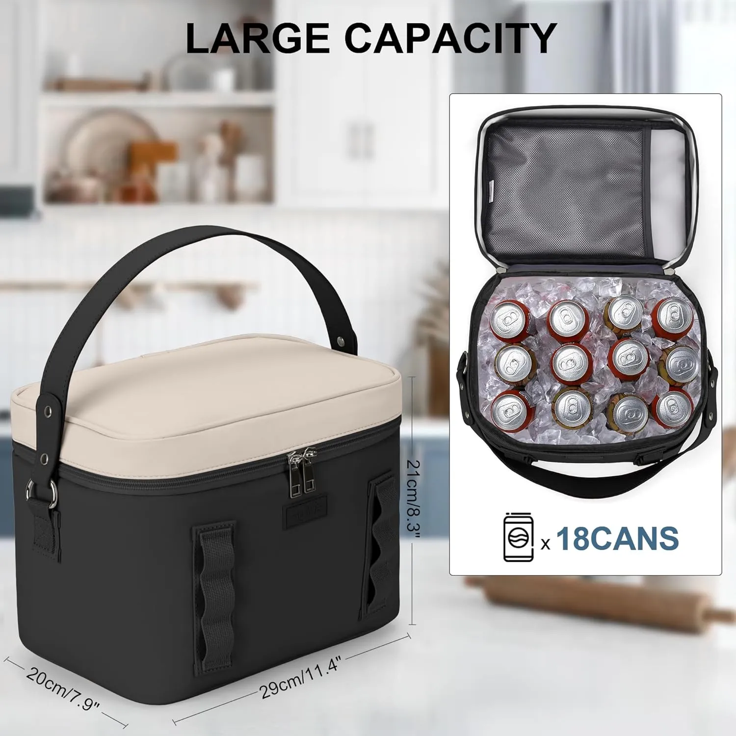 SUNUP Medium Insulated Lunch Box Bag for Men Women, Waterproof & Leakproof Lunch Bag, Adult Lunchbox for Work, Picnic, Travel, Beige-Black