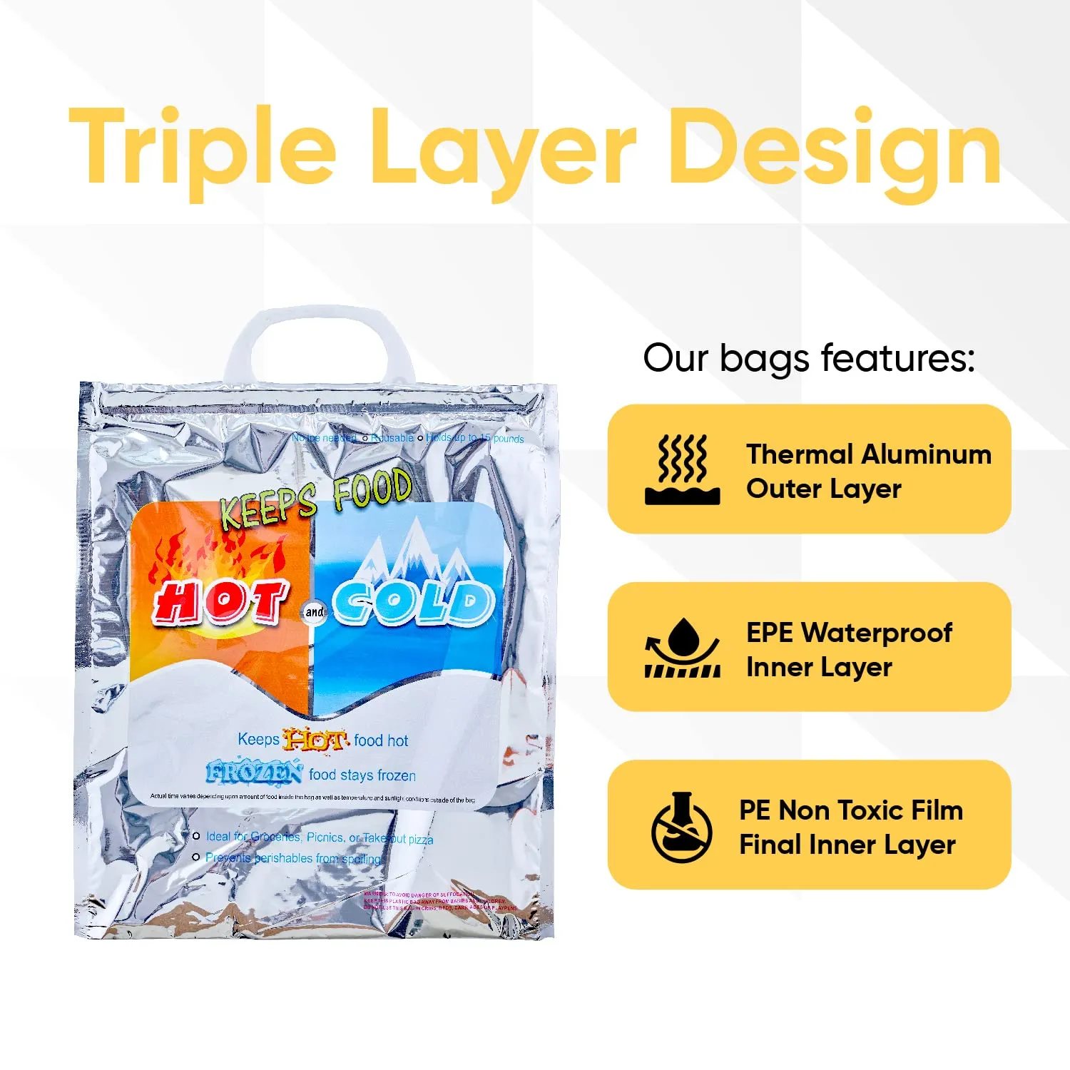 Superio Hot and Cold Insulated Bags for Food Delivery, Grocery Shopping Bags, Food Storage for Hot and Frozen Food for Travel, Disposable Cooler Bag, Reinforced Thermal Lunch Bag (3, 12"x13.5")
