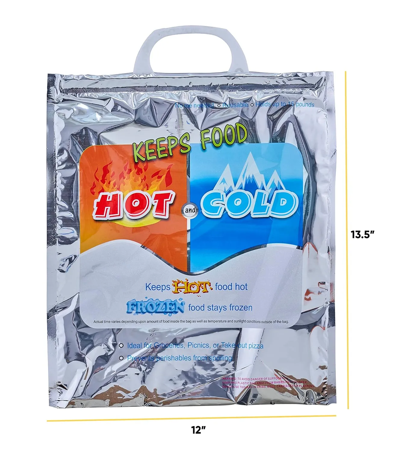 Superio Hot and Cold Insulated Bags for Food Delivery, Grocery Shopping Bags, Food Storage for Hot and Frozen Food for Travel, Disposable Cooler Bag, Reinforced Thermal Lunch Bag (3, 12"x13.5")