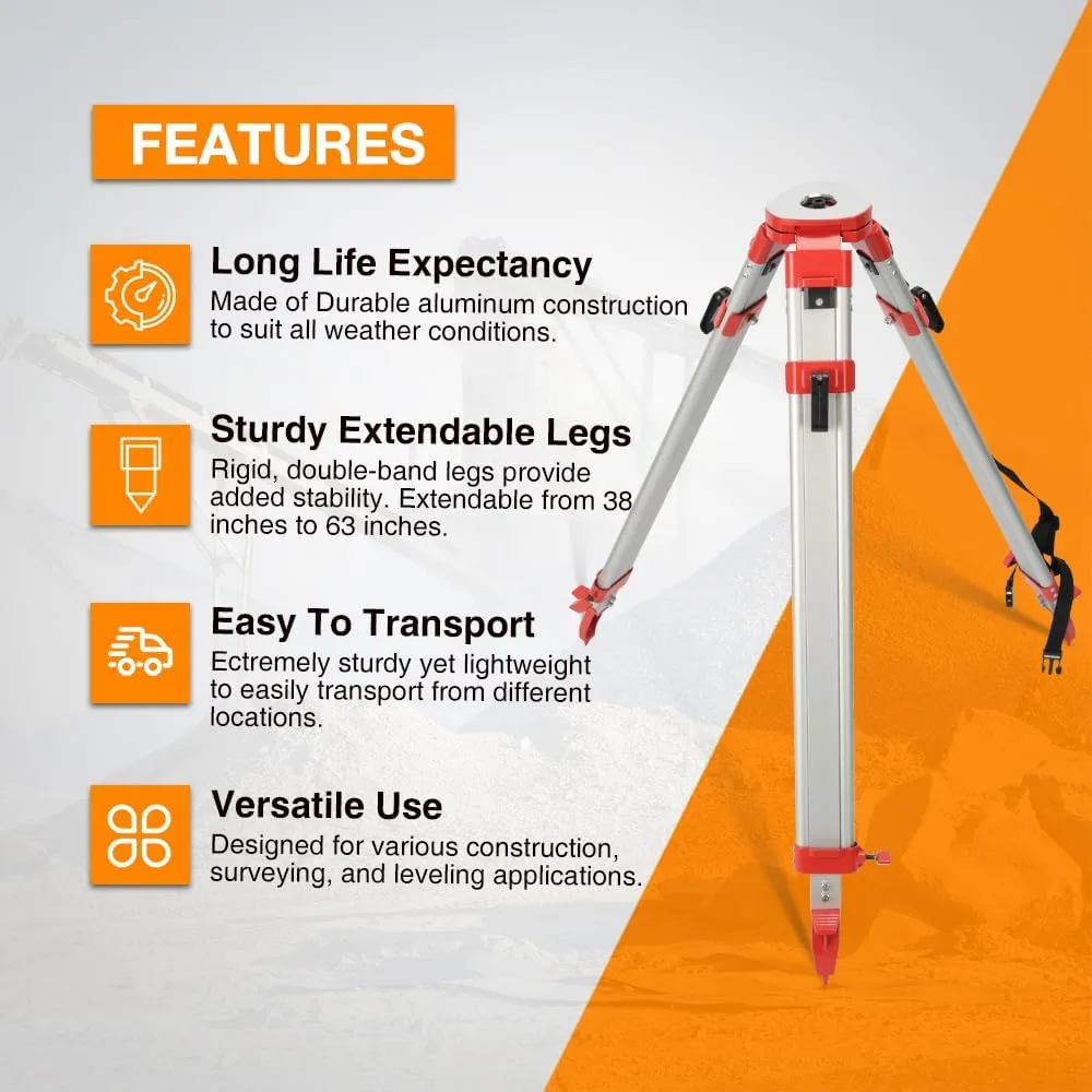 Surveying Tripod, Aluminum Survey Tripod with 5/8-Inch 11-Threaded Flat Head Quick Clamp for Auto Level