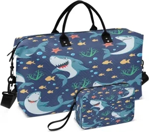 susiyo Sharks Sea Dwellers Expandable Travel Duffle Bag, Large Weekender Overnight Bags and Adjustable Strap, Carry On Shoulder Tote Bag, Gym Duffel Bag with Toiletry Bags for Hospital