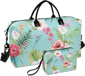 susiyo Tropical Hibiscus Flowers Leaves Travel Duffel Bags Quilted Gym Bag Weekender Overnight Bags with Small Makeup Pouch