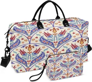 susiyo Vintage Turkish Floral Expandable Travel Duffle Bag, Large Weekender Overnight Bags and Adjustable Strap, Carry On Shoulder Tote Bag, Gym Duffel Bag with Toiletry Bags for Hospital
