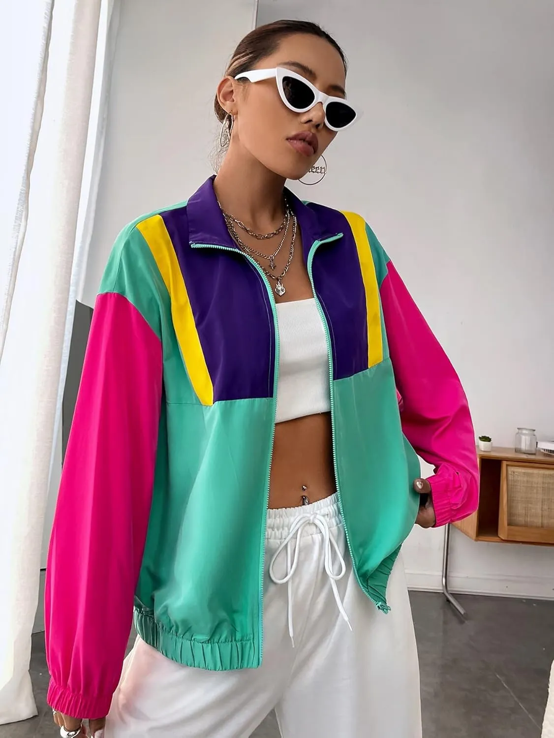 SweatyRocks Women's Lightweight Windbreaker Patchwork Zipper Sport Jacket Coat Outerwear