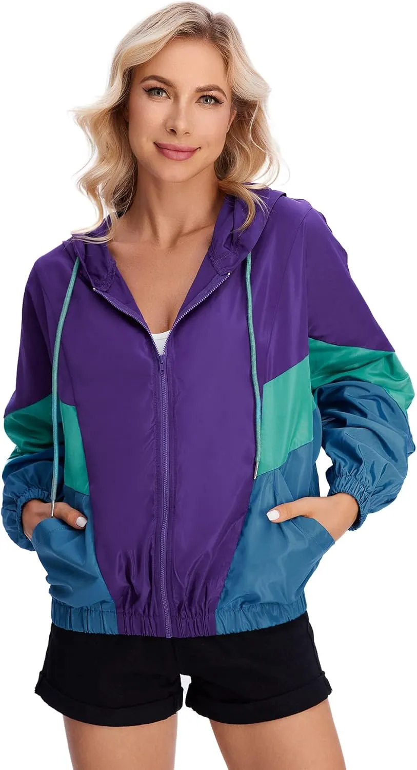 SweatyRocks Women's Lightweight Windbreaker Patchwork Zipper Sport Jacket Coat Outerwear