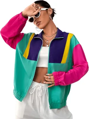 SweatyRocks Women's Lightweight Windbreaker Patchwork Zipper Sport Jacket Coat Outerwear