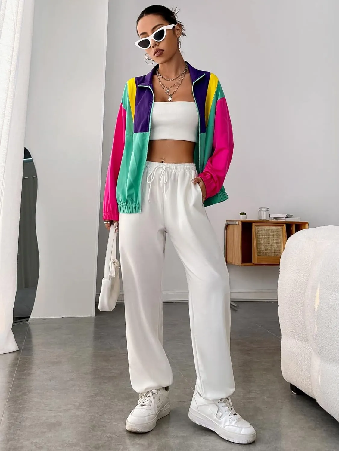 SweatyRocks Women's Lightweight Windbreaker Patchwork Zipper Sport Jacket Coat Outerwear
