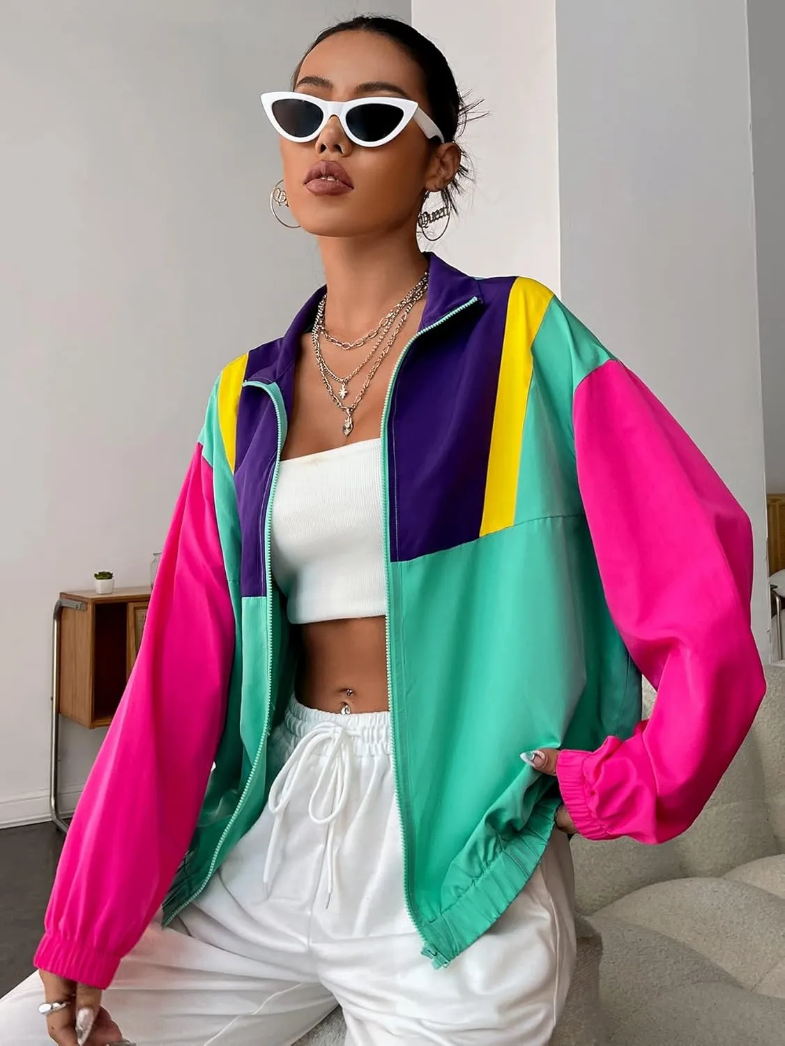 SweatyRocks Women's Lightweight Windbreaker Patchwork Zipper Sport Jacket Coat Outerwear