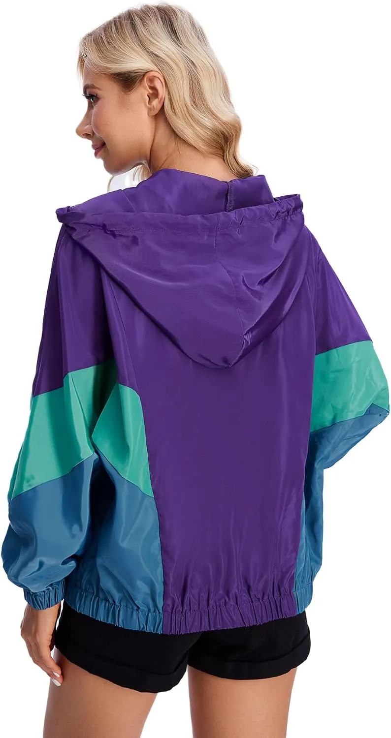 SweatyRocks Women's Lightweight Windbreaker Patchwork Zipper Sport Jacket Coat Outerwear