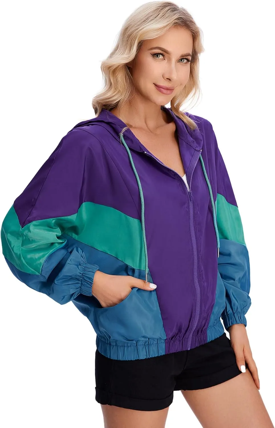 SweatyRocks Women's Lightweight Windbreaker Patchwork Zipper Sport Jacket Coat Outerwear