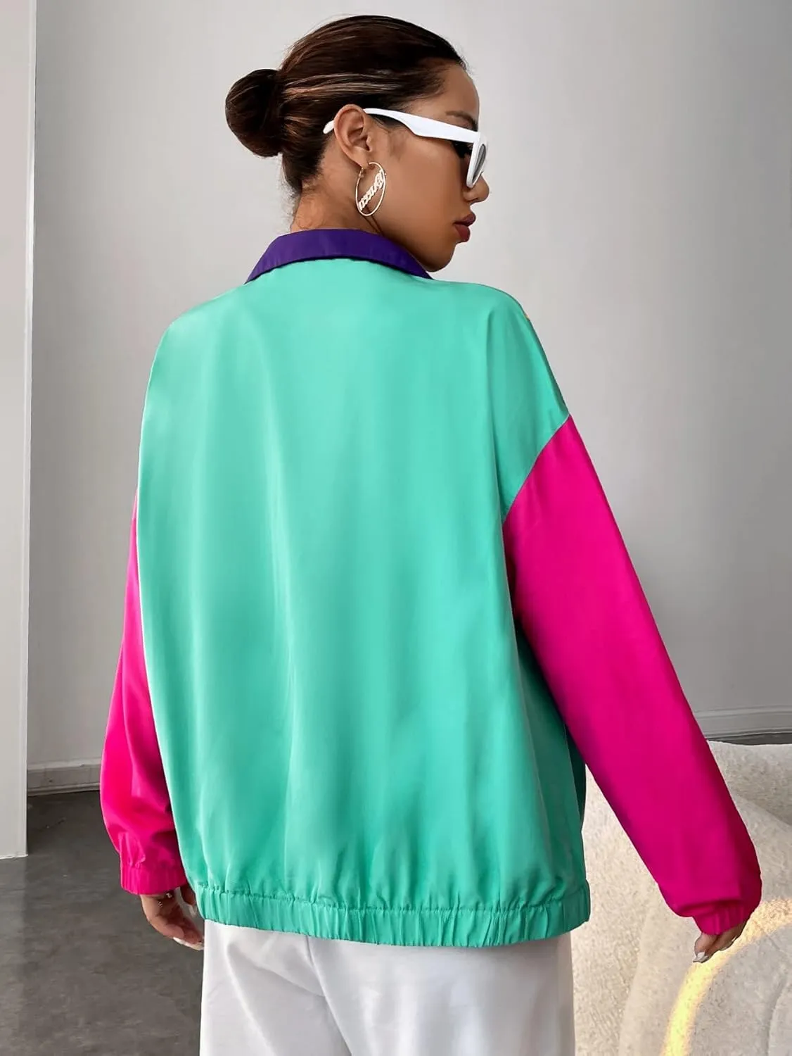 SweatyRocks Women's Lightweight Windbreaker Patchwork Zipper Sport Jacket Coat Outerwear
