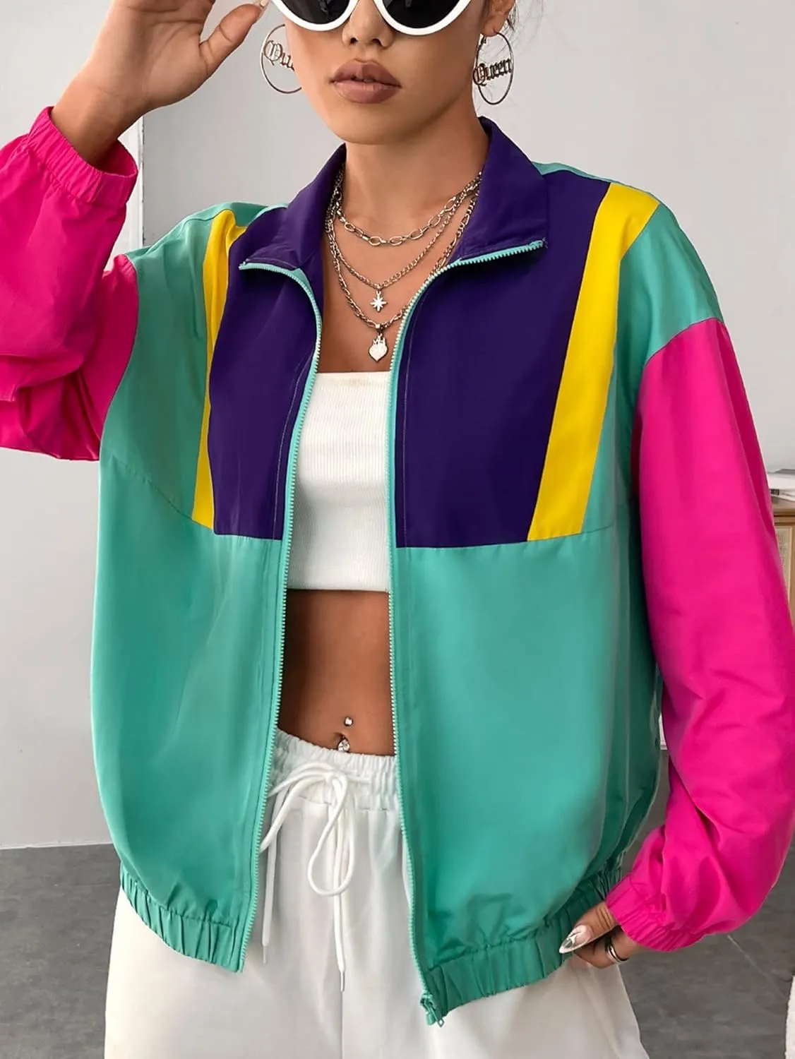 SweatyRocks Women's Lightweight Windbreaker Patchwork Zipper Sport Jacket Coat Outerwear