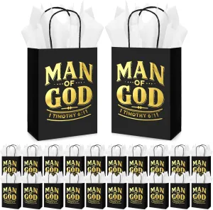 Sweetude 25 Set Christian Gifts Bags Bulk Man of God Church Bags with Tissue Paper Reusable Religious Man of God Treat Bag with Handles for Men Father Pastors