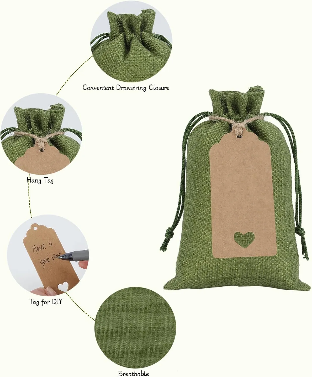 Tapleap Burlap Gift Bags with Drawstring, 4 x 6 inches Favor Sacks (Lot of 30) for Kids Class Mother's Day, Birthday, Wedding, Party or Household Use(Green)