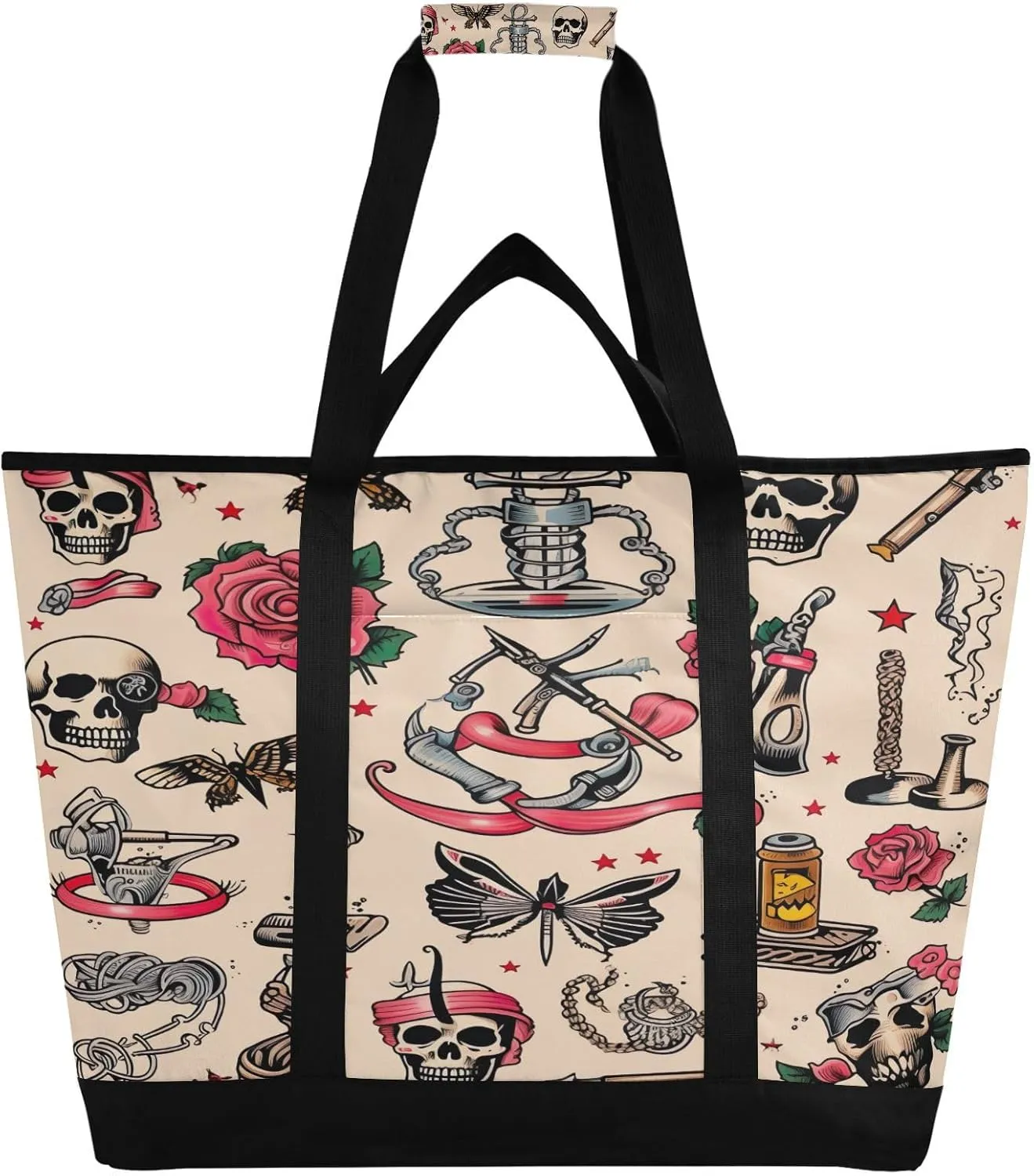 Tattoo Print Reusable Insulated Lunchbox Cooler Bag, Leakproof Kitchen Grocery Bag Collapsible Portable Cooler Tote Bag for Picnic, Camping, Office, Travel