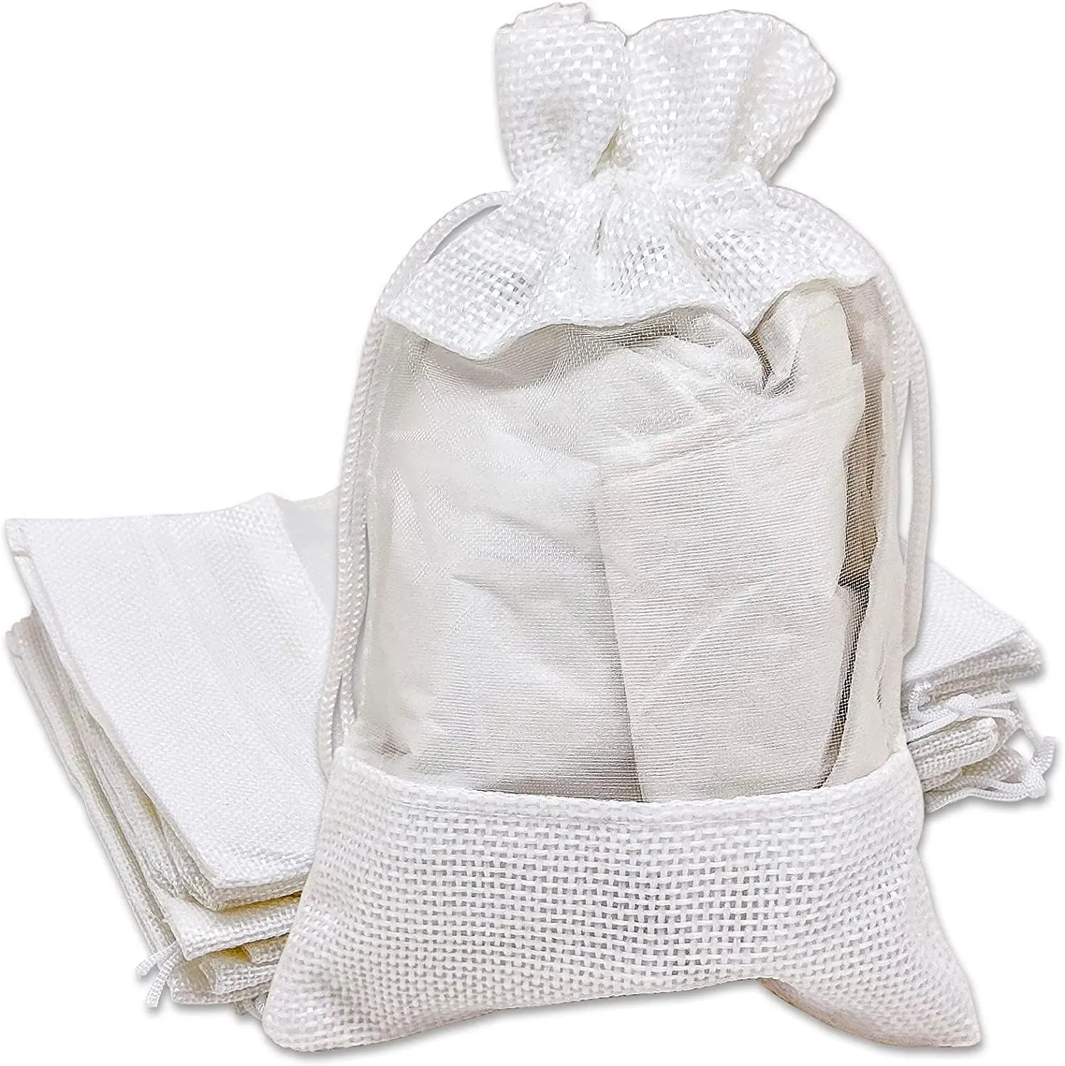 TheDisplayGuys - 48-Pack 3.5" x 5.5" Linen Burlap & Organza Gift Bags with Adjustable Drawstring - Perfect for Party Favors, Presents, Samples & Treats White, Small