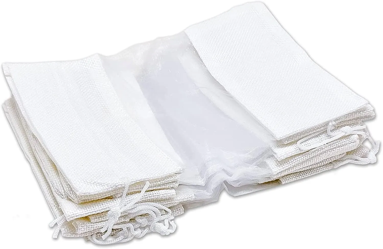 TheDisplayGuys - 48-Pack 3.5" x 5.5" Linen Burlap & Organza Gift Bags with Adjustable Drawstring - Perfect for Party Favors, Presents, Samples & Treats White, Small