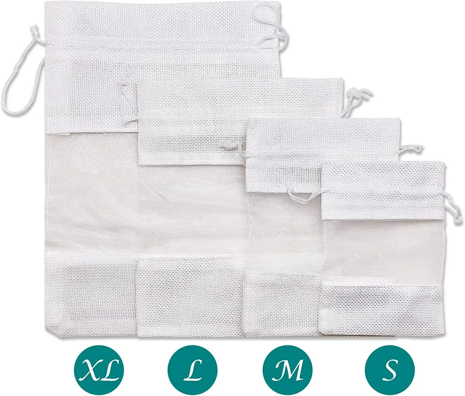 TheDisplayGuys - 48-Pack 3.5" x 5.5" Linen Burlap & Organza Gift Bags with Adjustable Drawstring - Perfect for Party Favors, Presents, Samples & Treats White, Small
