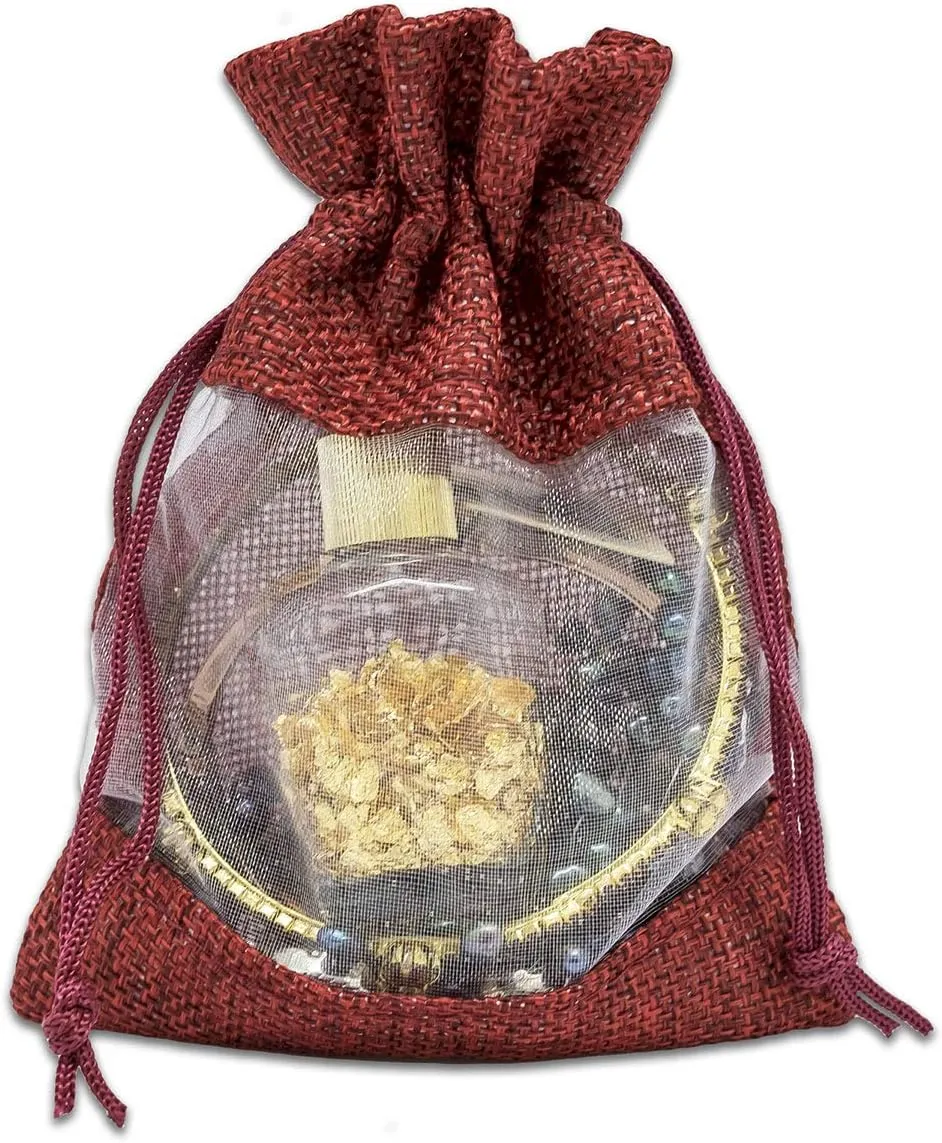 TheDisplayGuys - 48-Pack 3.5x5.5 Linen Burlap & Sheer Organza Gift Bag with Drawstring for Party Favors, Presents, Samples & Treats Mesh Pouch (Maroon, Small)