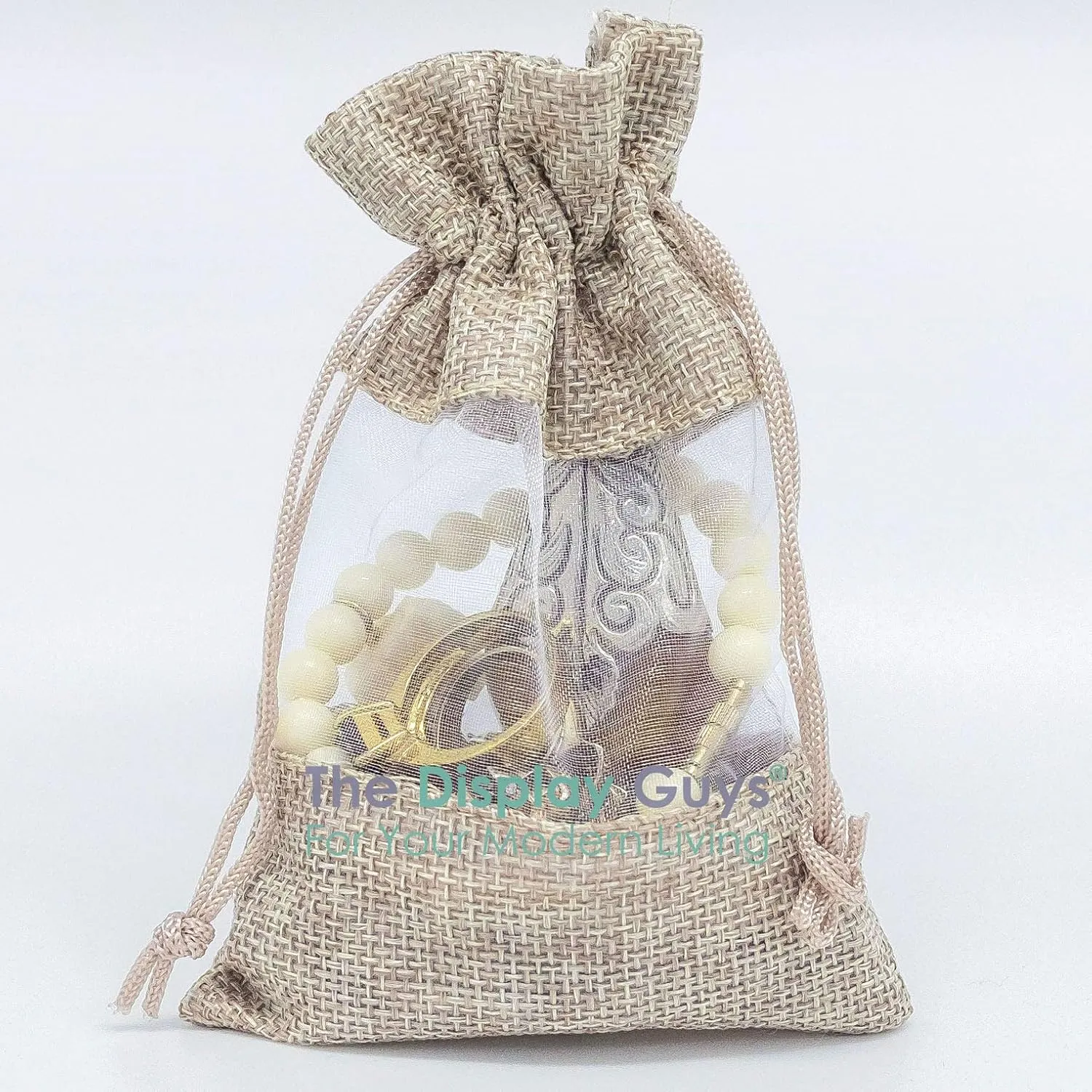TheDisplayGuys - 48-Pack 5x7 Linen Burlap & Sheer Organza Gift Bag with Drawstring for Party Favors, Presents, Samples & Treats Mesh Pouch (Beige, Medium)