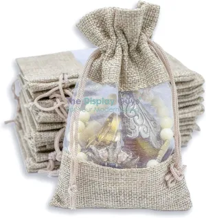 TheDisplayGuys - 48-Pack 5x7 Linen Burlap & Sheer Organza Gift Bag with Drawstring for Party Favors, Presents, Samples & Treats Mesh Pouch (Beige, Medium)