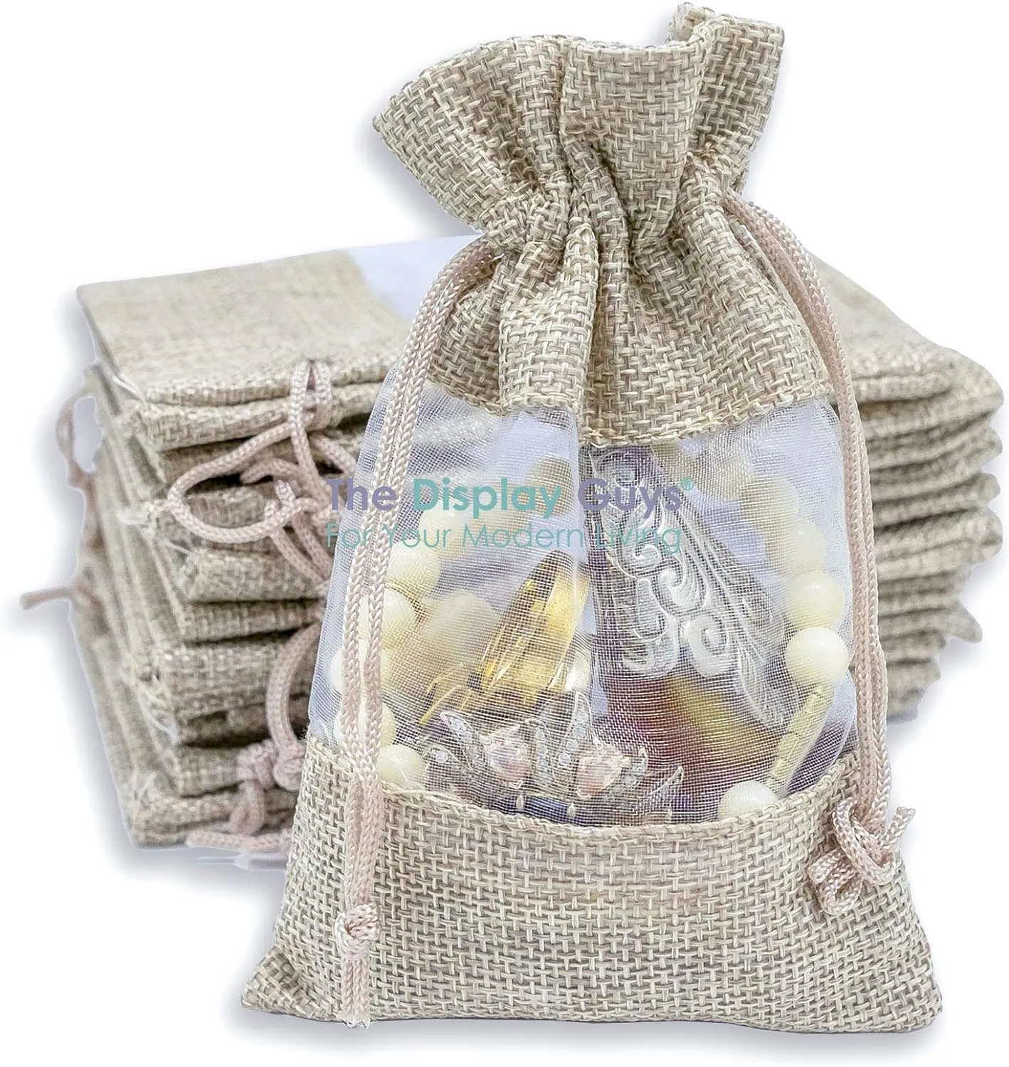 TheDisplayGuys - 48-Pack 5x7 Linen Burlap & Sheer Organza Gift Bag with Drawstring for Party Favors, Presents, Samples & Treats Mesh Pouch (Beige, Medium)