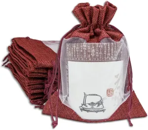 TheDisplayGuys - 48-Pack 5x7 Linen Burlap & Sheer Organza Gift Bag with Drawstring for Party Favors, Presents, Samples & Treats Mesh Pouch (Maroon, Medium)