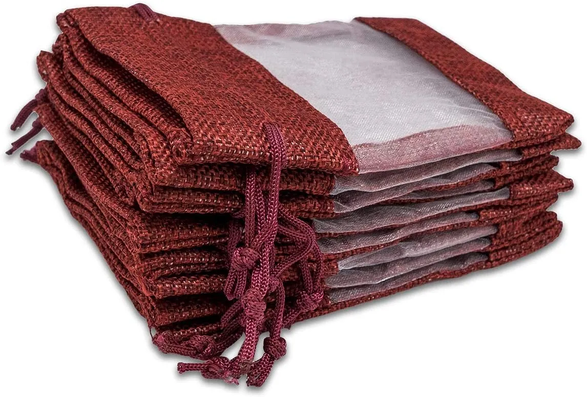 TheDisplayGuys - 48-Pack 5x7 Linen Burlap & Sheer Organza Gift Bag with Drawstring for Party Favors, Presents, Samples & Treats Mesh Pouch (Maroon, Medium)