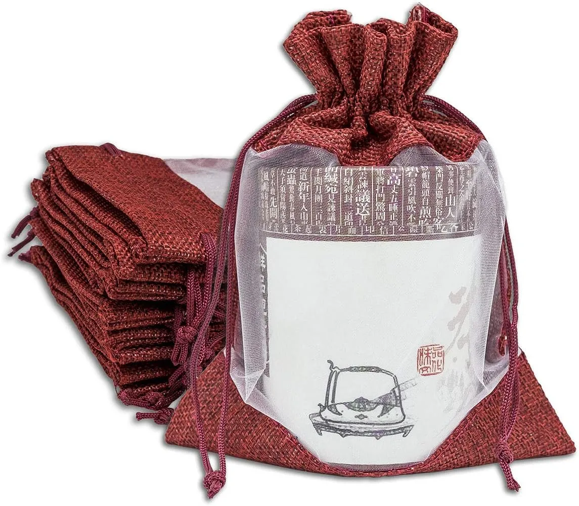 TheDisplayGuys - 48-Pack 5x7 Linen Burlap & Sheer Organza Gift Bag with Drawstring for Party Favors, Presents, Samples & Treats Mesh Pouch (Maroon, Medium)