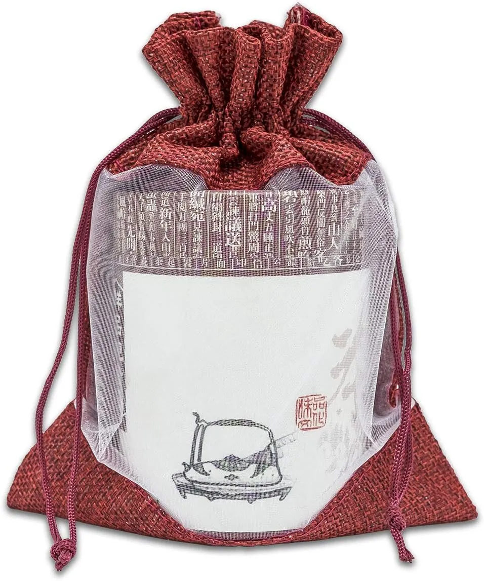 TheDisplayGuys - 48-Pack 5x7 Linen Burlap & Sheer Organza Gift Bag with Drawstring for Party Favors, Presents, Samples & Treats Mesh Pouch (Maroon, Medium)