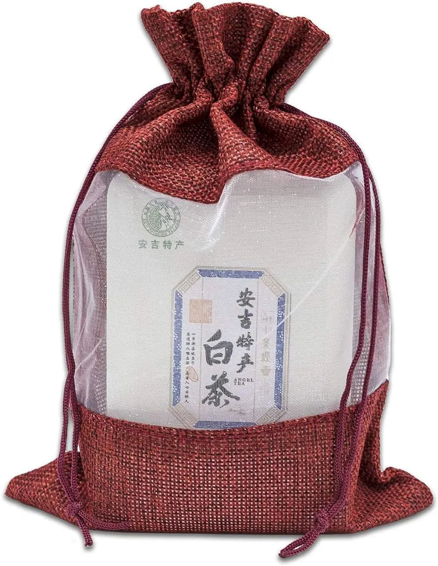 TheDisplayGuys - 48-Pack 6.5x8.5 Linen Burlap & Sheer Organza Gift Bag with Drawstring for Party Favors, Presents, Samples & Treats Mesh Pouch (Maroon, Large)