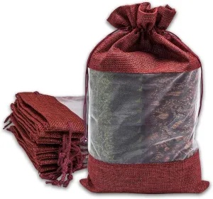 TheDisplayGuys - 48-Pack 7.5x11.5 Linen Burlap & Sheer Organza Gift Bag with Drawstring for Party Favors, Presents, Samples & Treats Mesh Pouch (Maroon, X-Large)